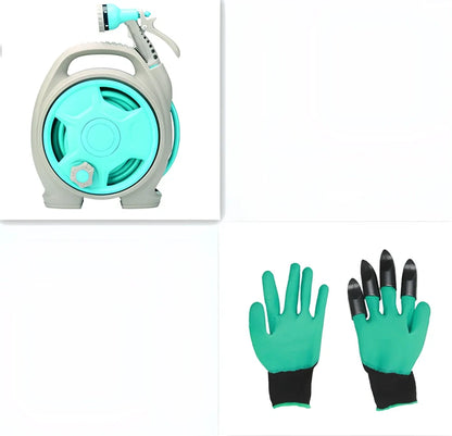 Green car wash hose system with storage frame and collapsible water gun