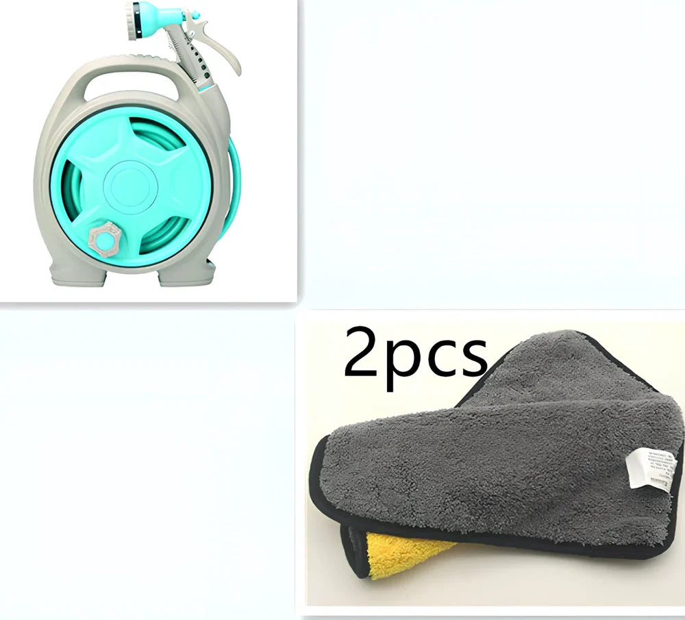 Green car wash hose system with storage frame and collapsible water gun