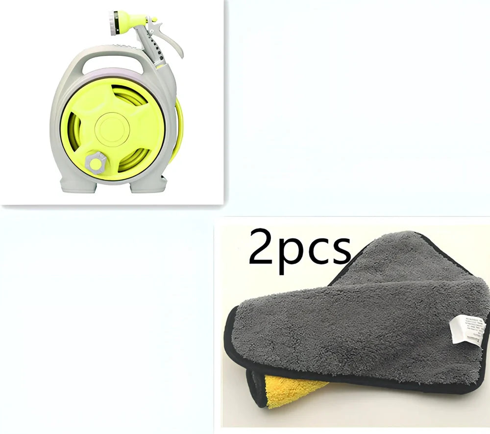 Green car wash hose system with storage frame and collapsible water gun