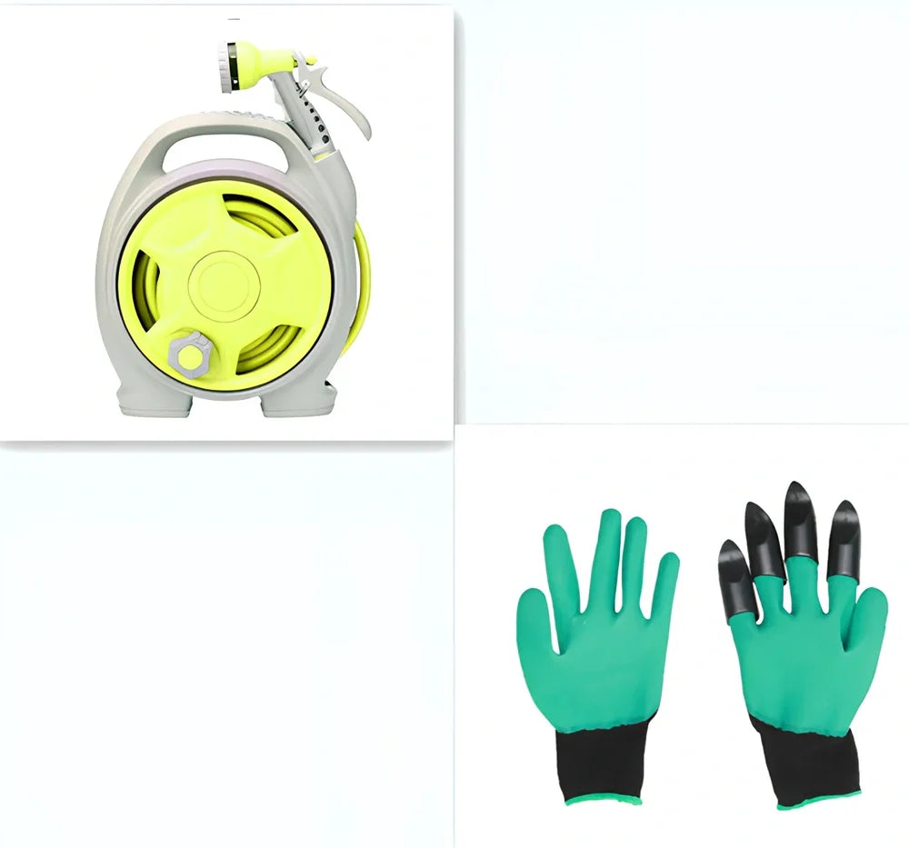 Green car wash hose system with storage frame and collapsible water gun