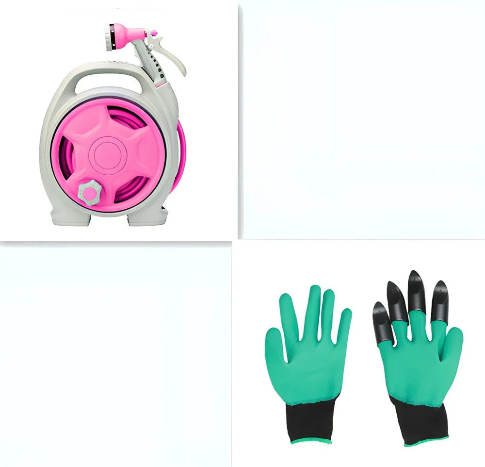 Green car wash hose system with storage frame and collapsible water gun