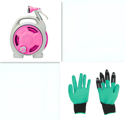 Green car wash hose system with storage frame and collapsible water gun