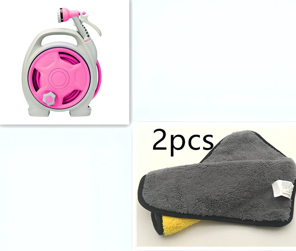 Green car wash hose system with storage frame and collapsible water gun