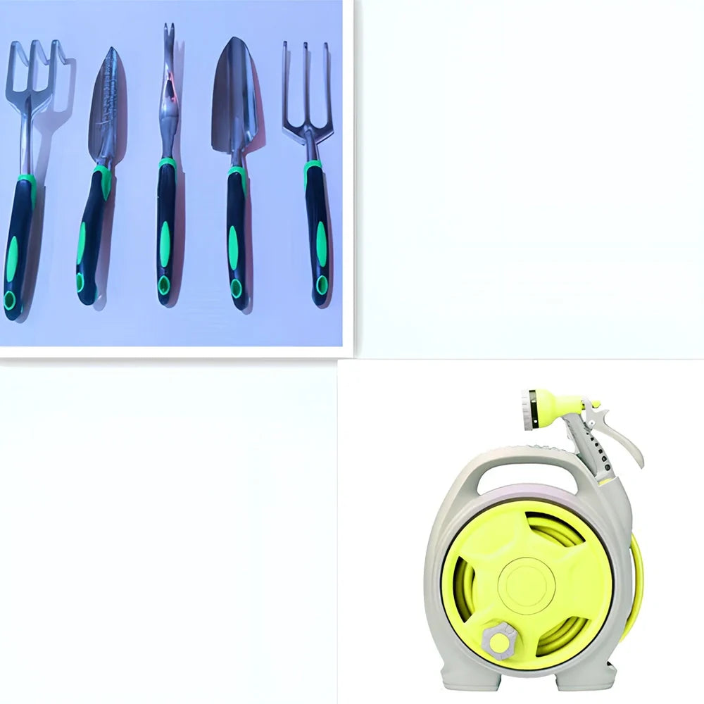 Green car wash hose system with storage frame and collapsible water gun