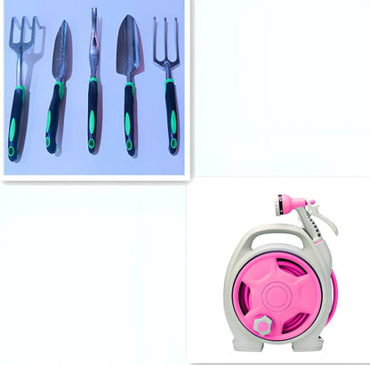 Green car wash hose system with storage frame and collapsible water gun