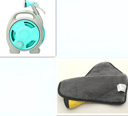 Green car wash hose system with storage frame and collapsible water gun