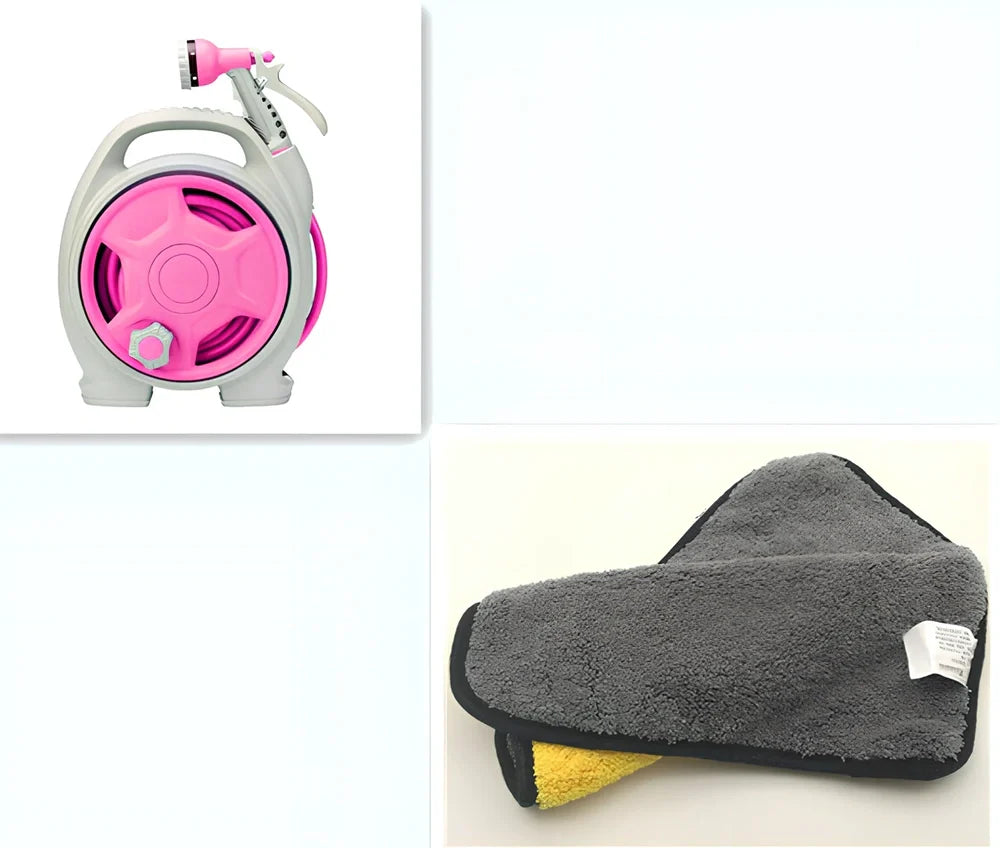 Green car wash hose system with storage frame and collapsible water gun