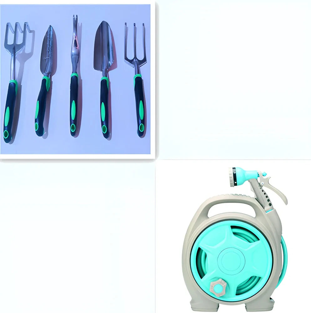 Green car wash hose system with storage frame and collapsible water gun