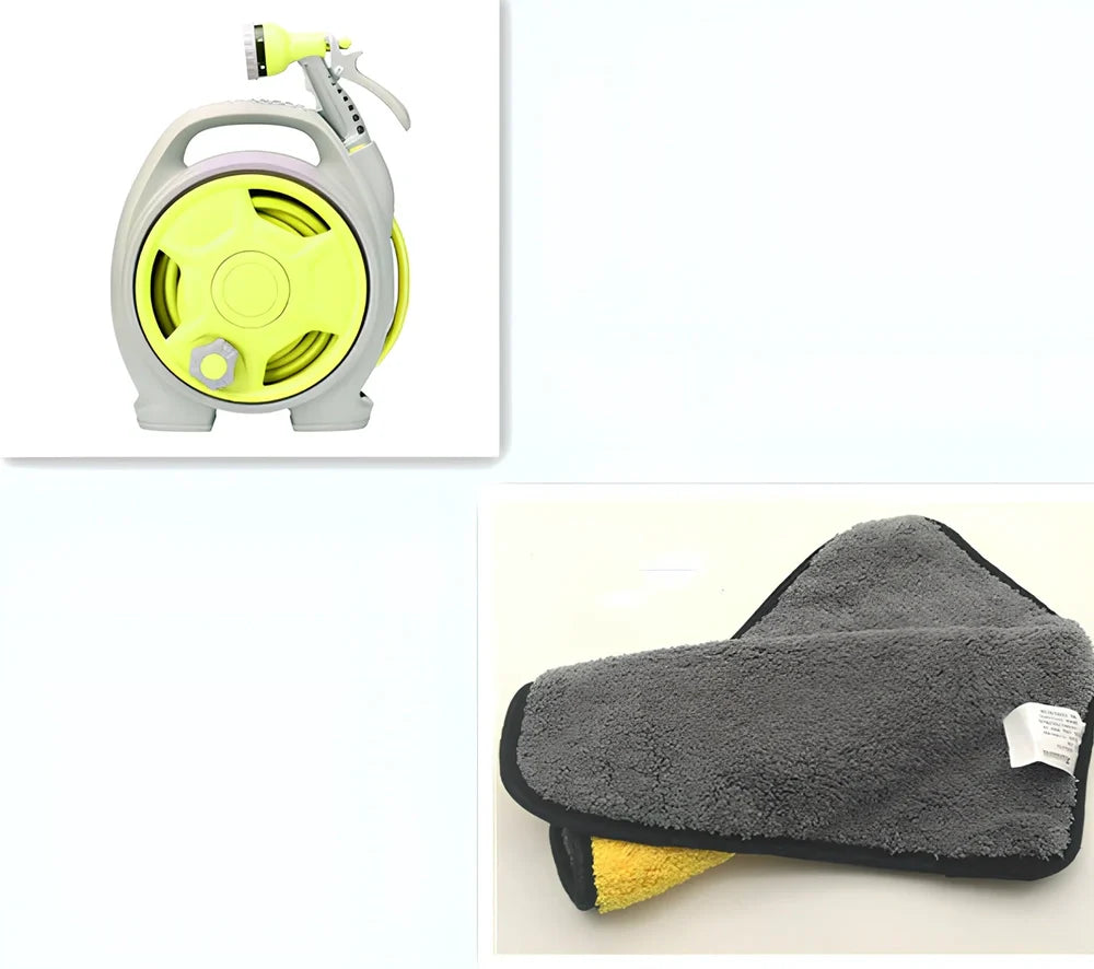 Green car wash hose system with storage frame and collapsible water gun