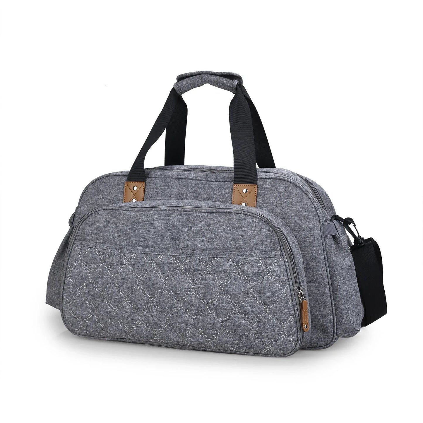Convertible baby diaper bag with changing table and crib functionality in black and grey