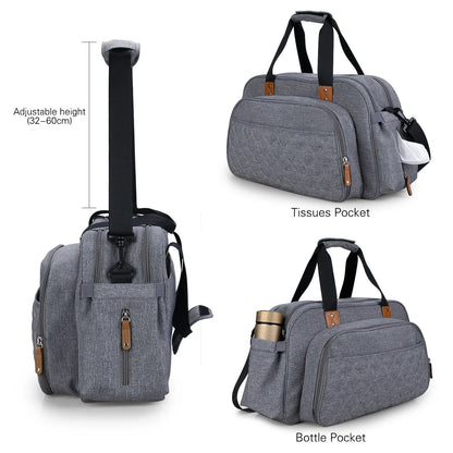 Convertible baby diaper bag with changing table and crib functionality in black and grey