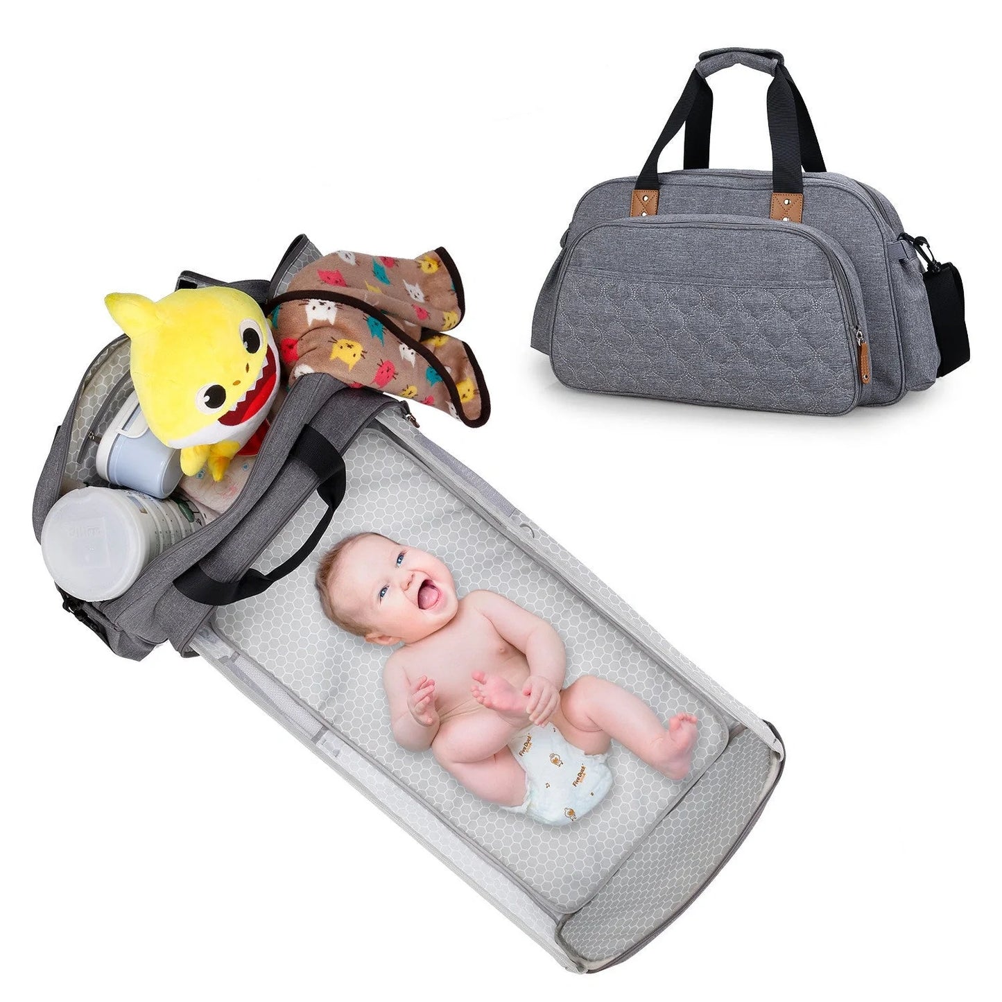 Convertible baby diaper bag with changing table and crib functionality in black and grey