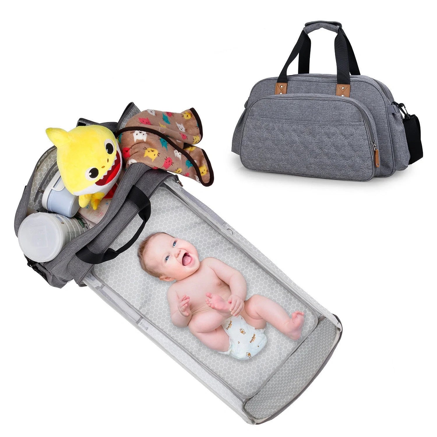 Convertible baby diaper bag with changing table and crib functionality in black and grey