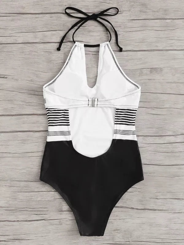 Black one-piece striped swimsuit for women, made from durable nylon