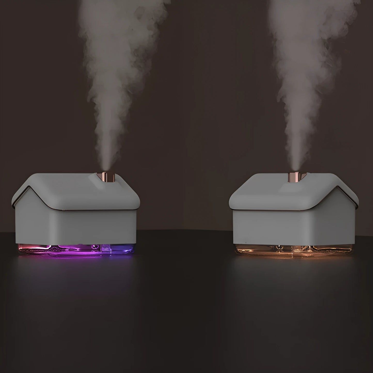 White igloo-shaped ultrasonic humidifier and essential oil diffuser with LED light on a wooden table.