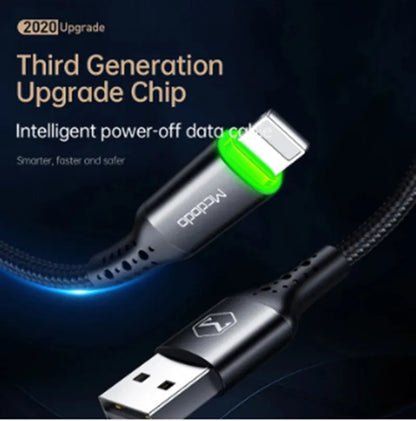 Black MFi-compatible iPhone charging cable with LED status light in 1.2m or 1.8m length options
