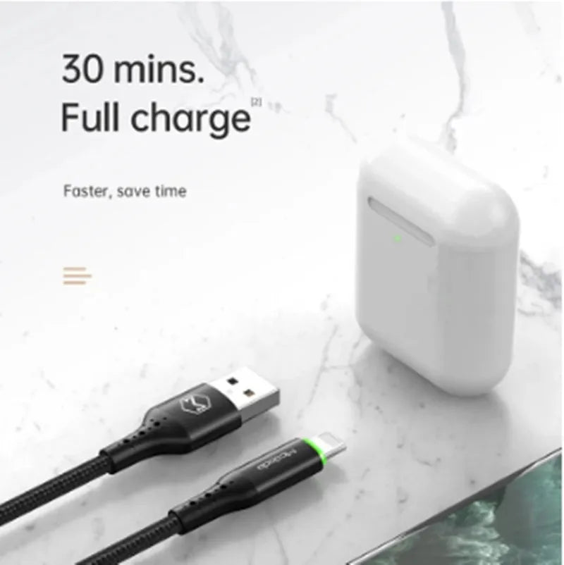 Black MFi-compatible iPhone charging cable with LED status light in 1.2m or 1.8m length options