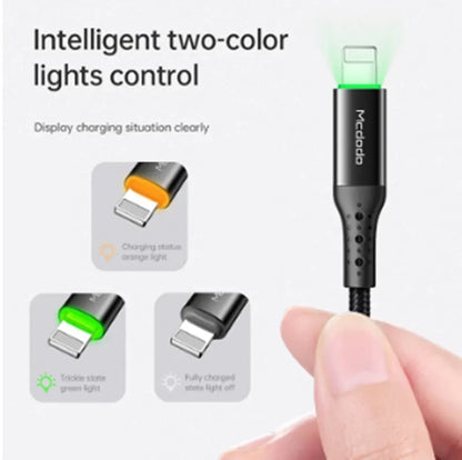 Black MFi-compatible iPhone charging cable with LED status light in 1.2m or 1.8m length options