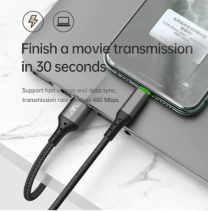 Black MFi-compatible iPhone charging cable with LED status light in 1.2m or 1.8m length options