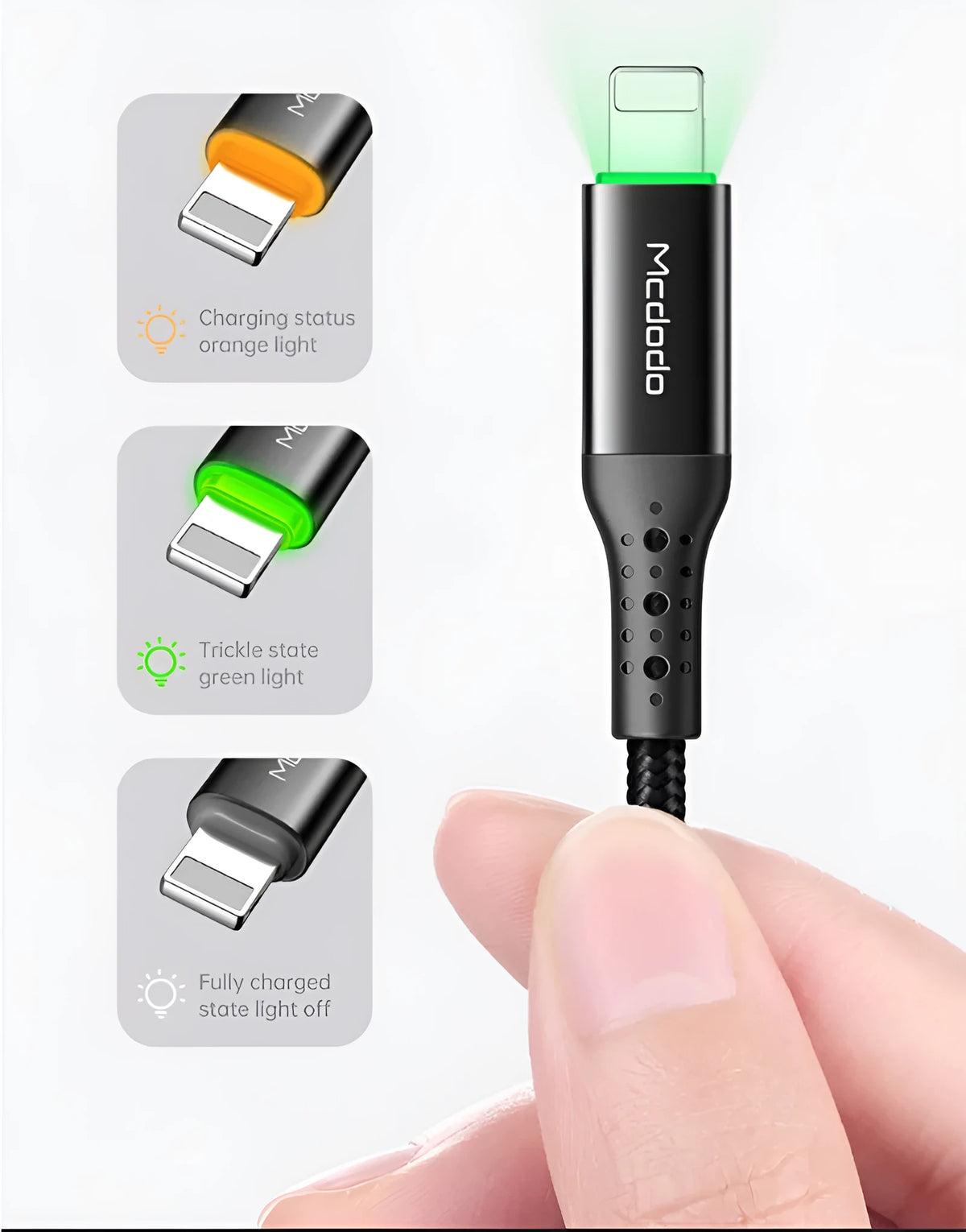 Black MFi-compatible iPhone charging cable with LED status light in 1.2m or 1.8m length options