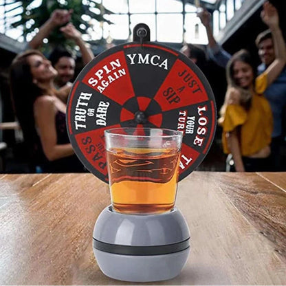 Rotatable drinking game set with plastic turntable and glass wine glass for party fun