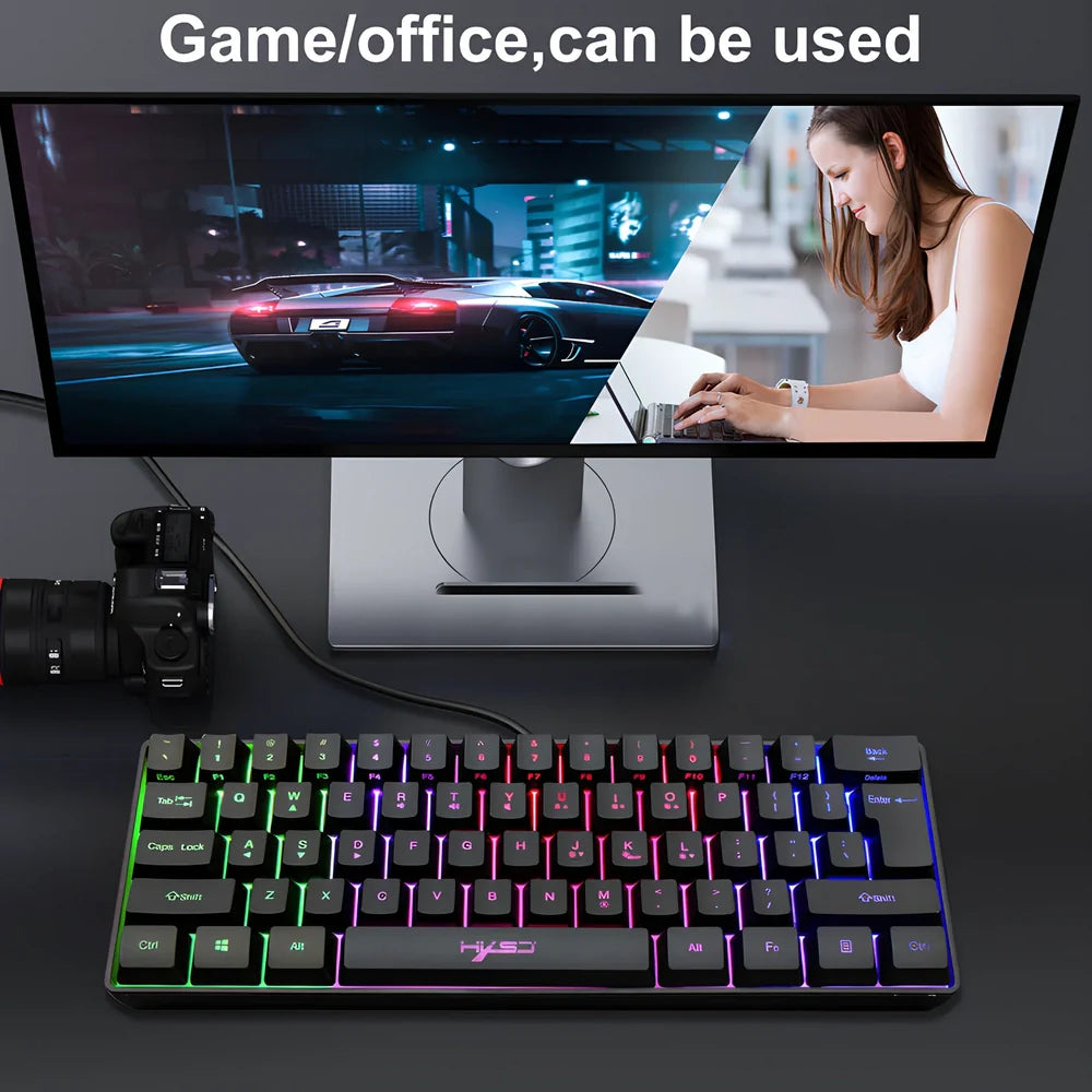 61-key gaming membrane keyboard with RGB backlighting and black ABS casing