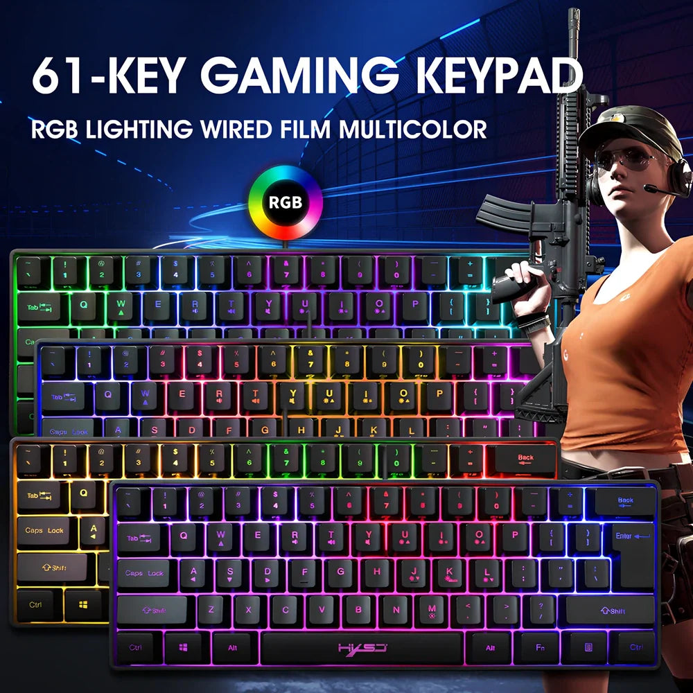 61-key gaming membrane keyboard with RGB backlighting and black ABS casing
