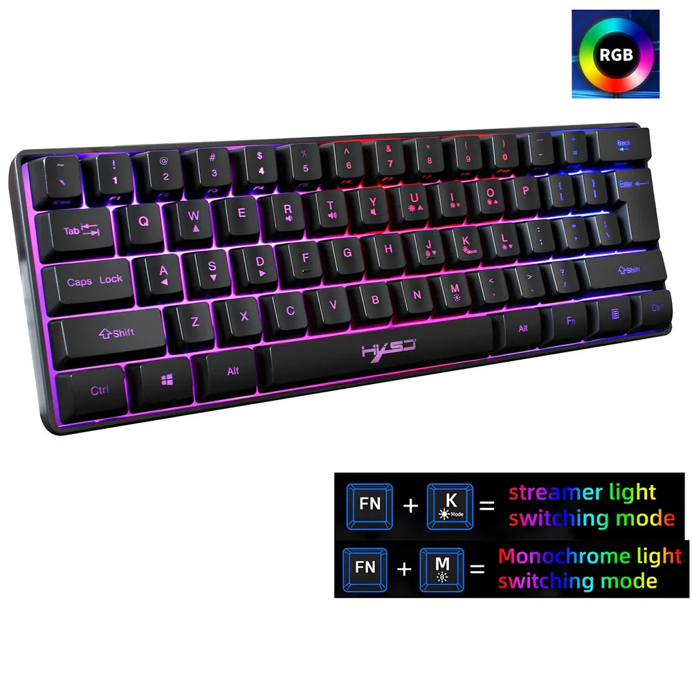 61-key gaming membrane keyboard with RGB backlighting and black ABS casing