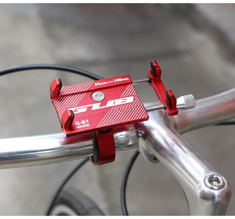 Aluminium alloy bicycle phone holder with 360-degree rotation on black handlebar