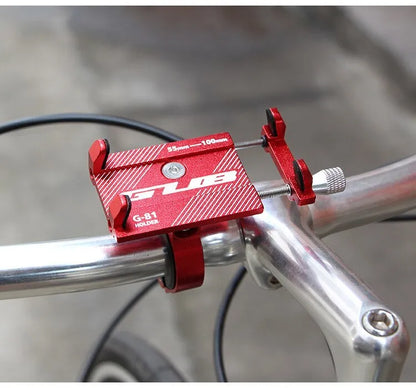 Aluminium alloy bicycle phone holder with 360-degree rotation on black handlebar