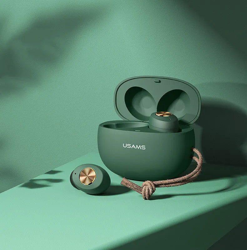 Wireless Bluetooth Mini TWS Binaural Headphones Pebble Series in black, green, or white with 4.4g earbuds and charging case