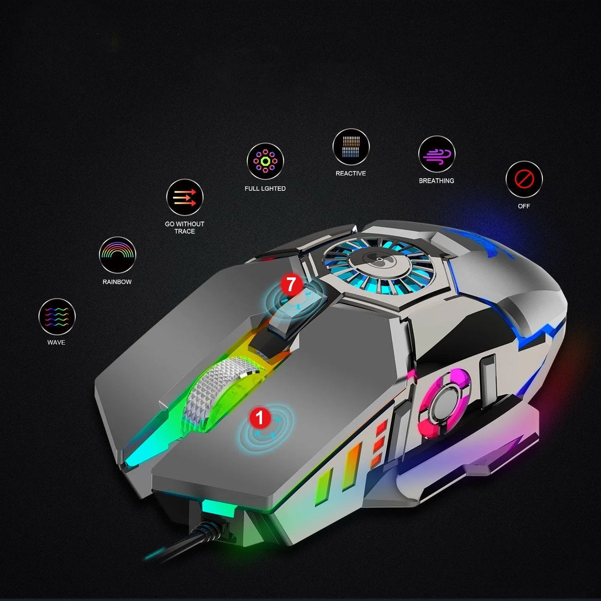 Macro Programming RGB luminous chicken wired mouse, 6400dpi, black or grey, USB, 1.5m cable