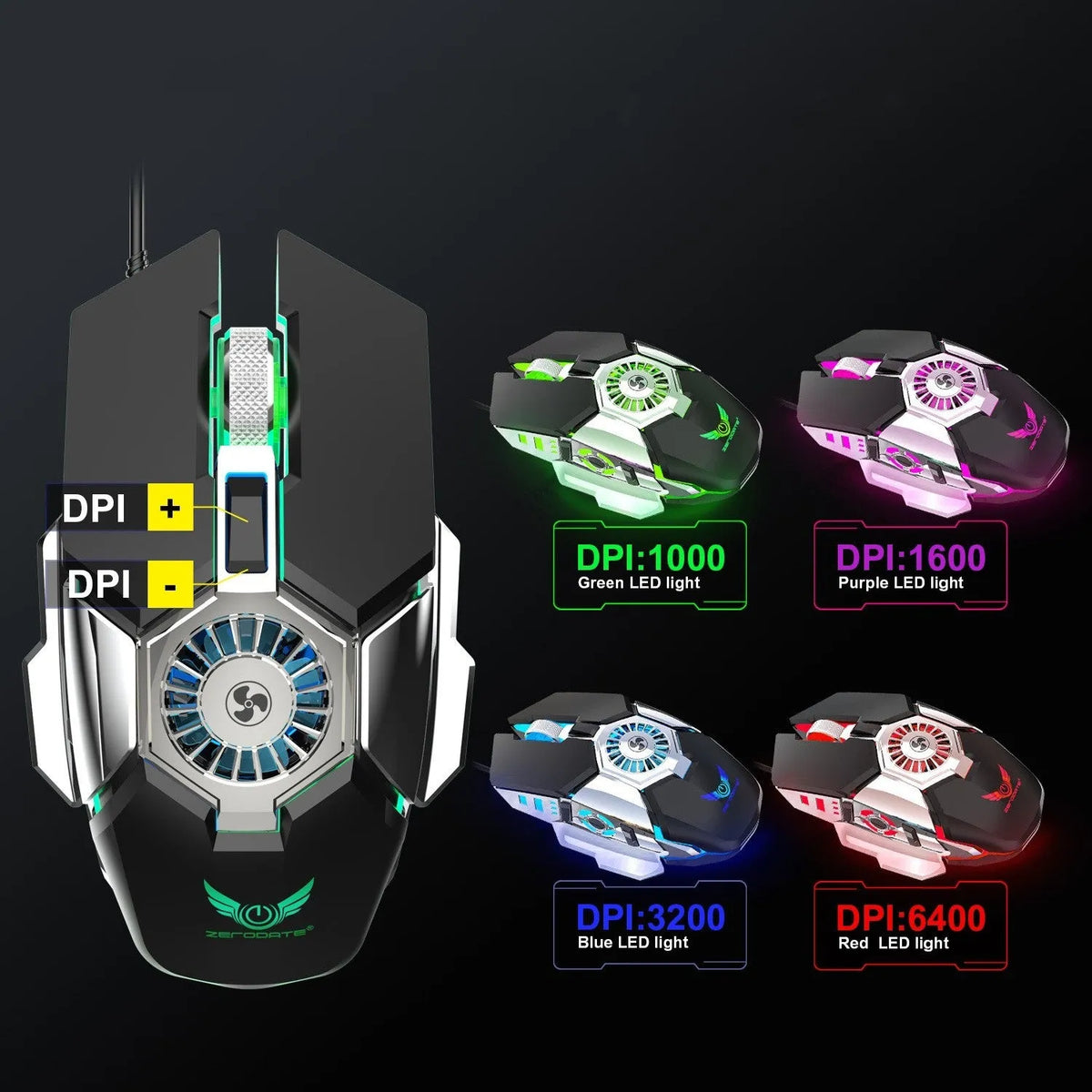 Macro Programming RGB luminous chicken wired mouse, 6400dpi, black or grey, USB, 1.5m cable