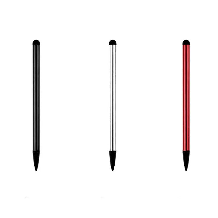 Dual-purpose touch screen stylus pen for mobile phones in silver, black, or red