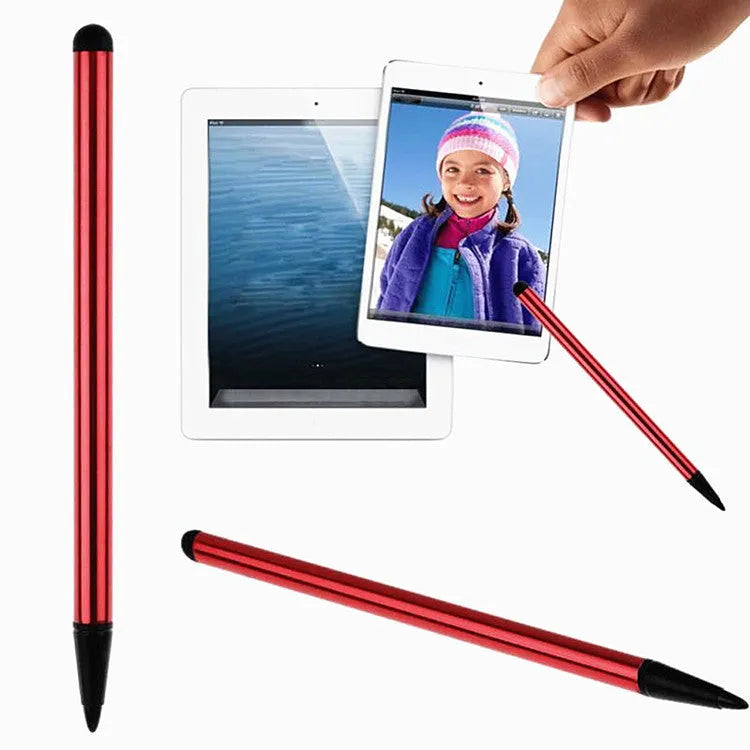 Dual-purpose touch screen stylus pen for mobile phones in silver, black, or red