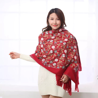 Embroidered shawl with thick fringed edges in various colors