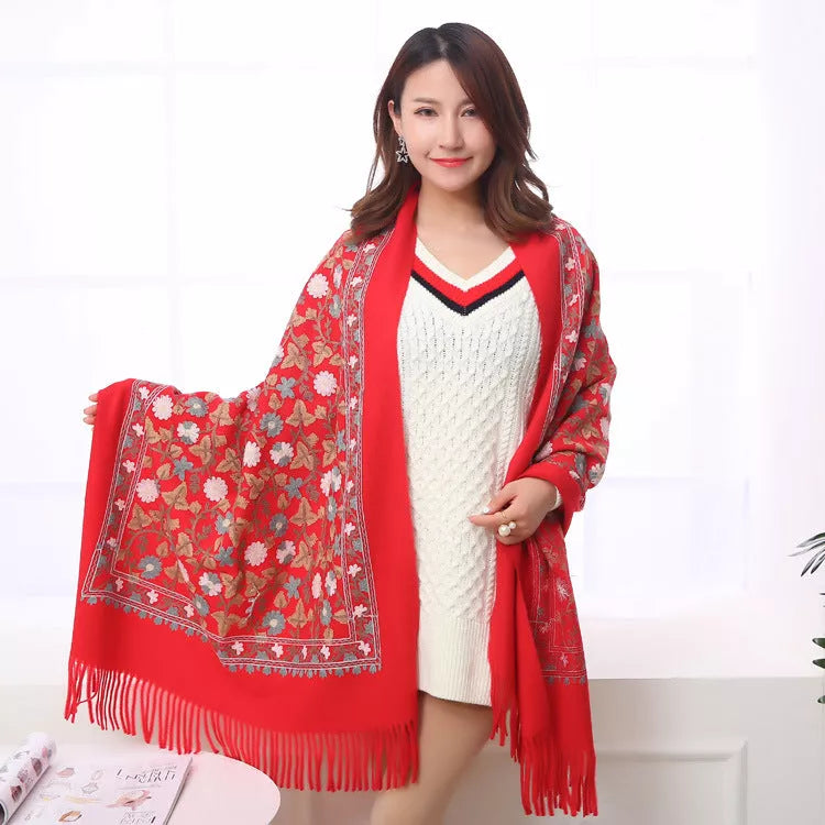 Embroidered shawl with thick fringed edges in various colors