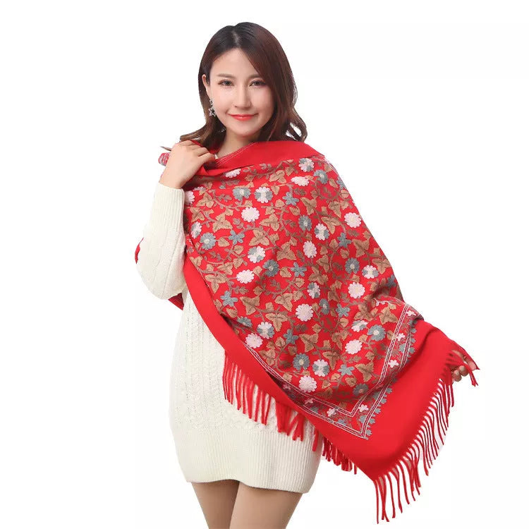 Embroidered shawl with thick fringed edges in various colors