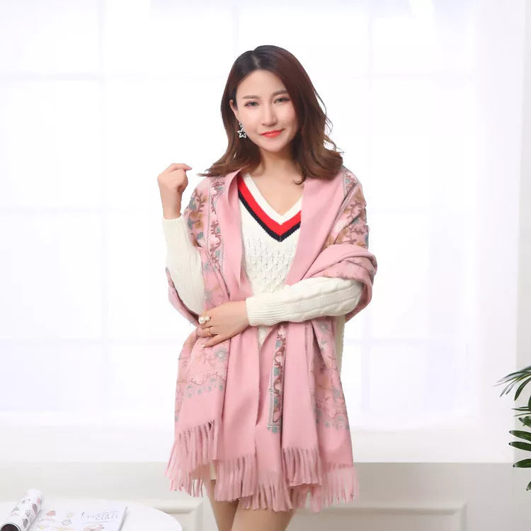 Embroidered shawl with thick fringed edges in various colors