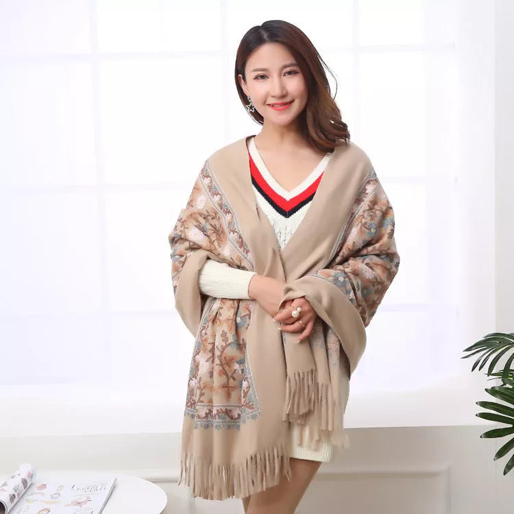 Embroidered shawl with thick fringed edges in various colors