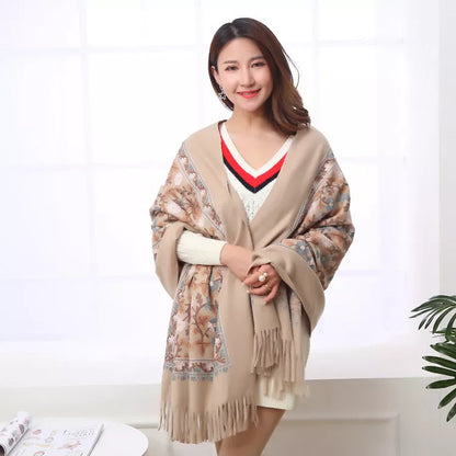 Embroidered shawl with thick fringed edges in various colors