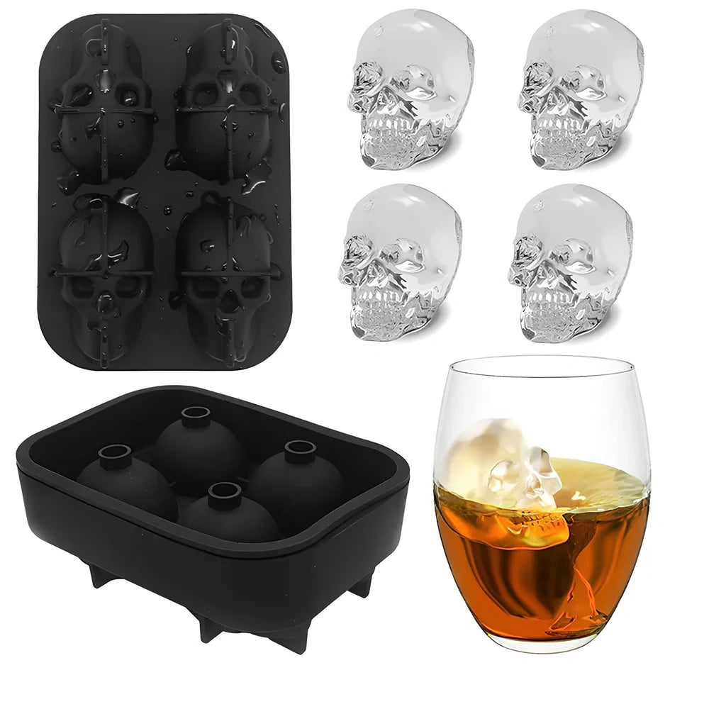 Silicone skull ice tray with detailed 3D cavities creating Halloween-themed ice sculptures