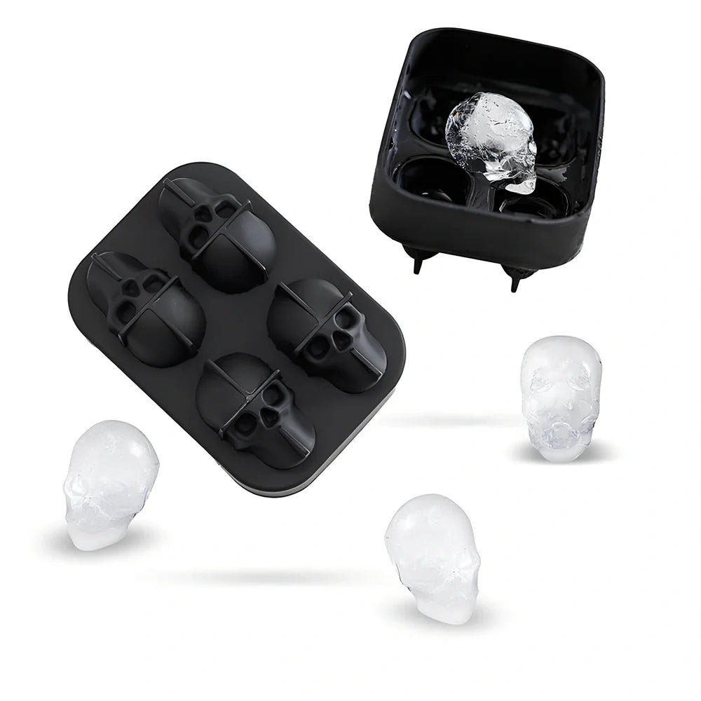 Silicone skull ice tray with detailed 3D cavities creating Halloween-themed ice sculptures