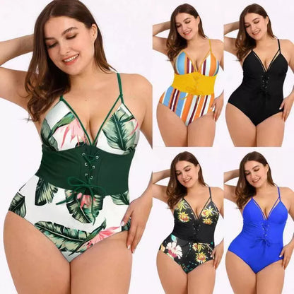 Women's plus size high-waist bikini with printed bouquet waist in black, black print, green leaf, and yellow bar options