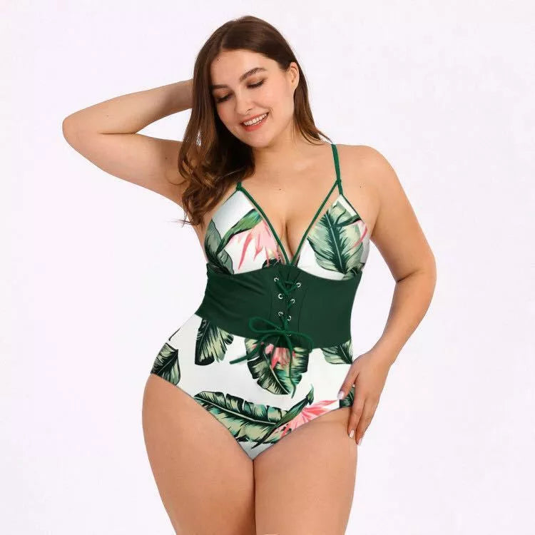 Women's plus size high-waist bikini with printed bouquet waist in black, black print, green leaf, and yellow bar options