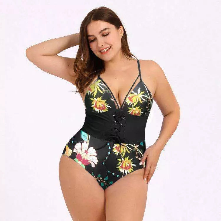 Women's plus size high-waist bikini with printed bouquet waist in black, black print, green leaf, and yellow bar options