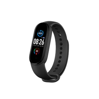 M5 smart fitness bracelet in black showing heart rate and step count on its 0.96-inch screen