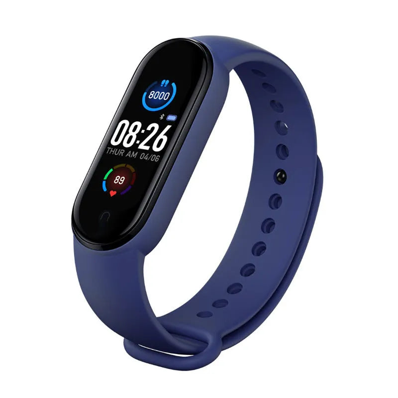M5 smart fitness bracelet in black showing heart rate and step count on its 0.96-inch screen