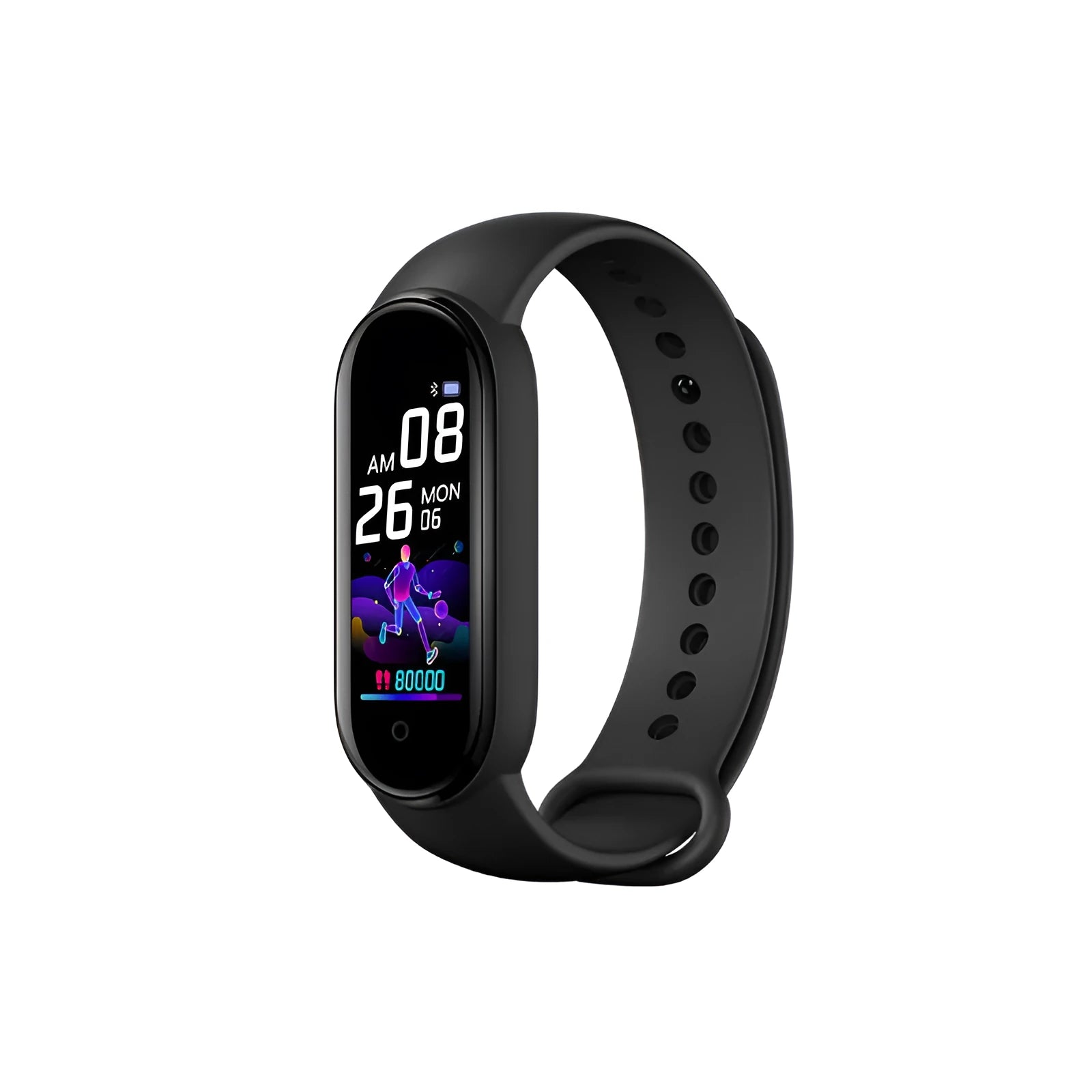 M5 smart fitness bracelet in black showing heart rate and step count on its 0.96-inch screen