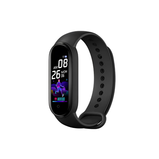 M5 smart fitness bracelet in black showing heart rate and step count on its 0.96-inch screen